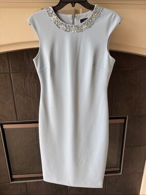 Tahari Embellished Neck Sheath Midi Dress - Pale Blue